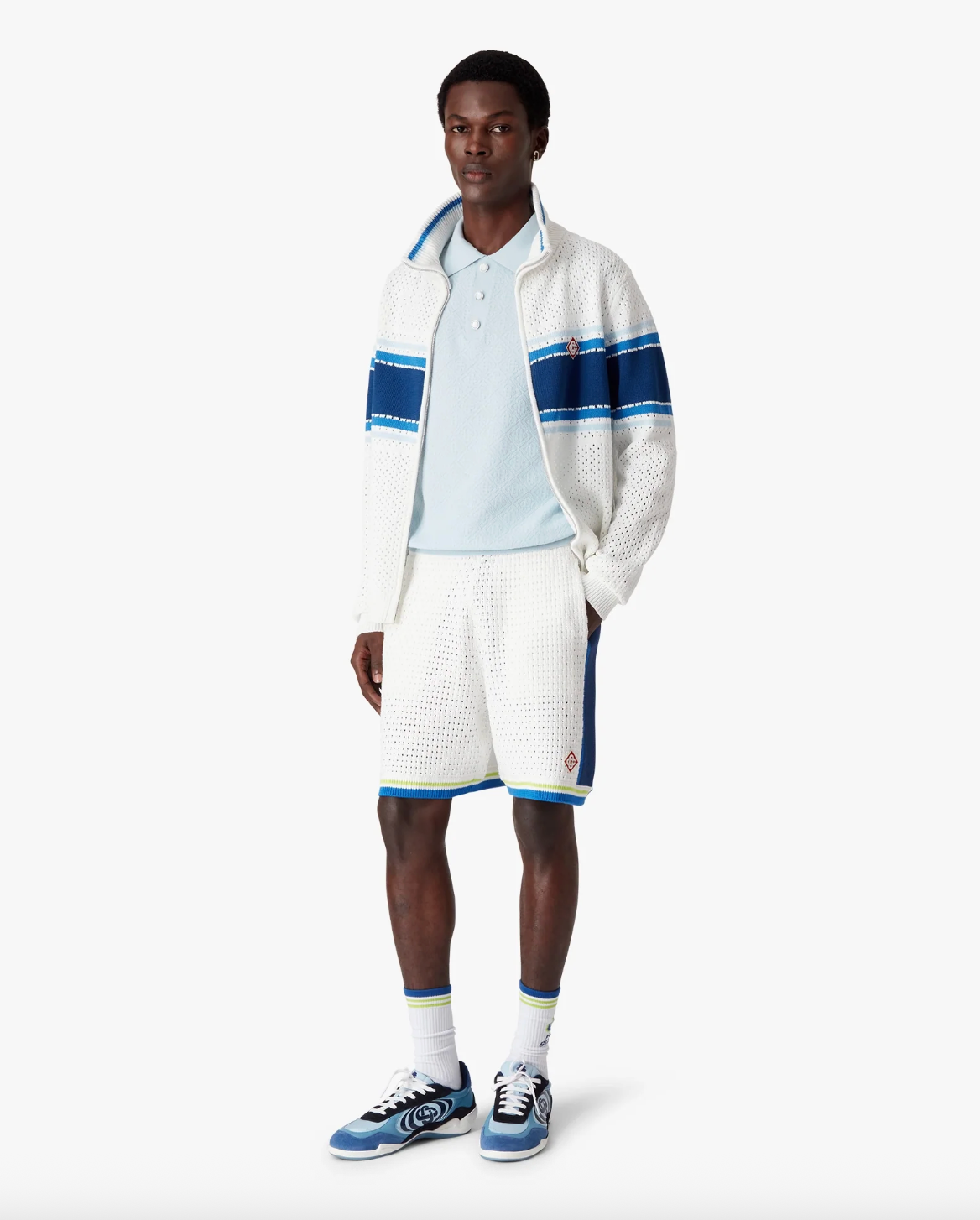 MEN - White & Blue Striped Mesh Track Jacket - Casa Blanca