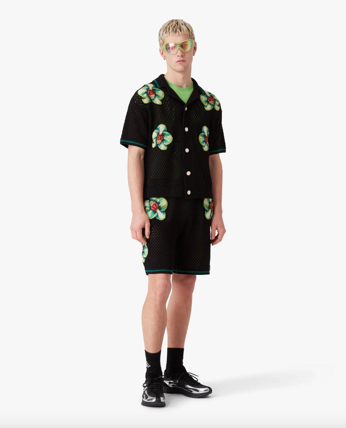 MEN - Glitch Orchid Embroidered Short Sleeve Crochet Shirt - Casa Blanca