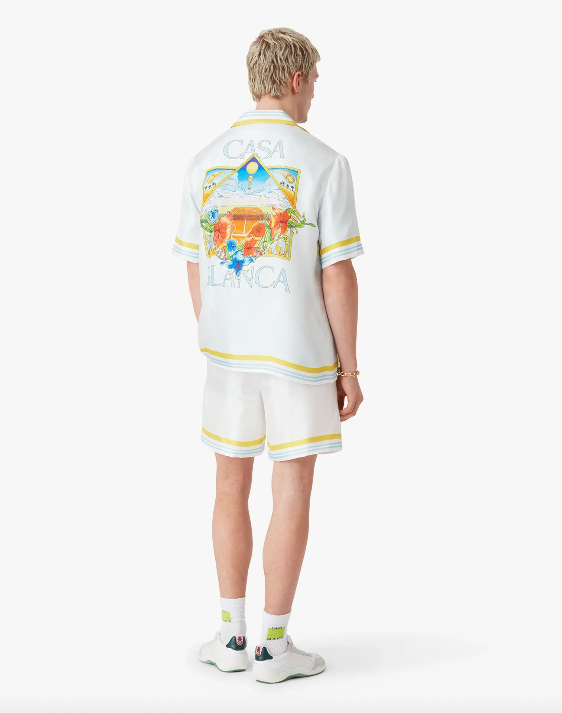 MEN -White/Yellow Tennis Landscape Short Sleeve Silk Shirt - Casa Blanca