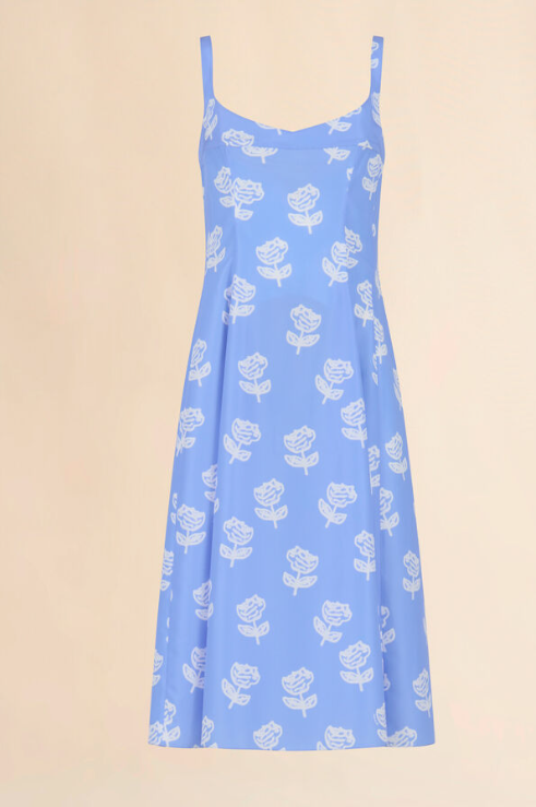 WOMEN - Robe évasée en popeline bleu clair avec imprimé Roses - Marni
