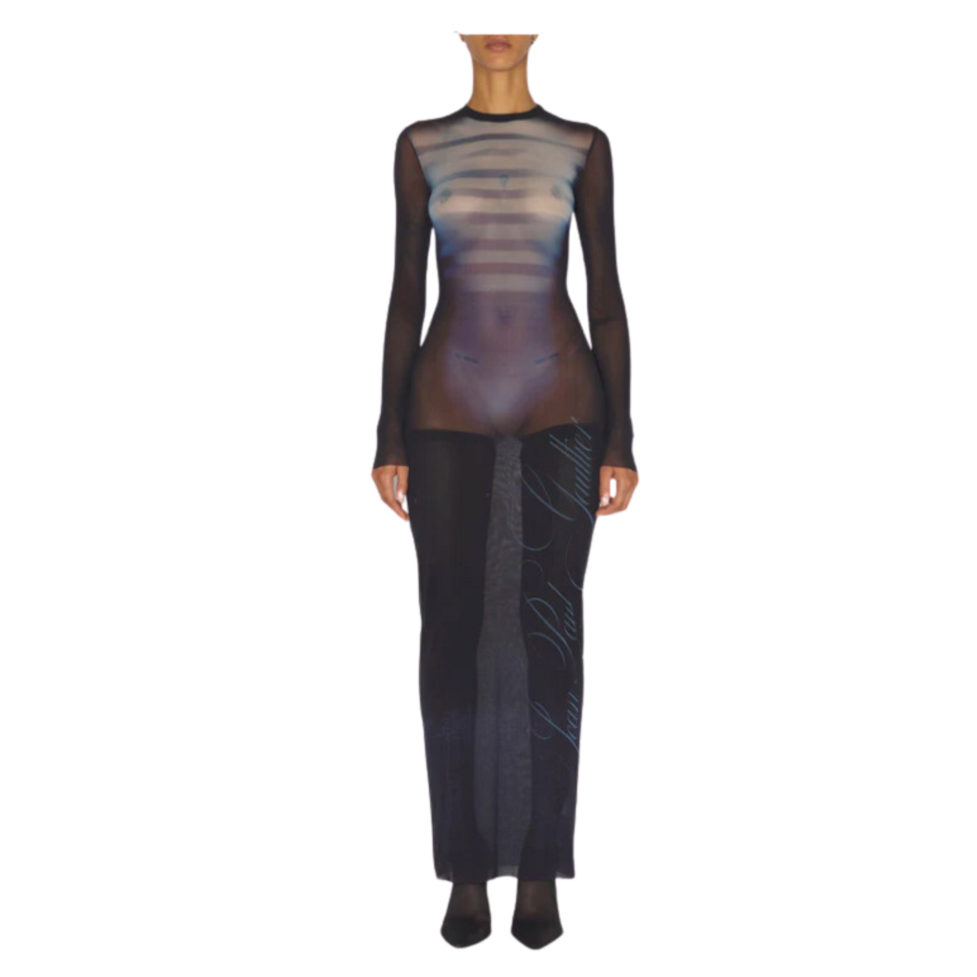 WOMEN - Mesh Crew Neck Long Dress Printed Navy/LightBlue - JPG