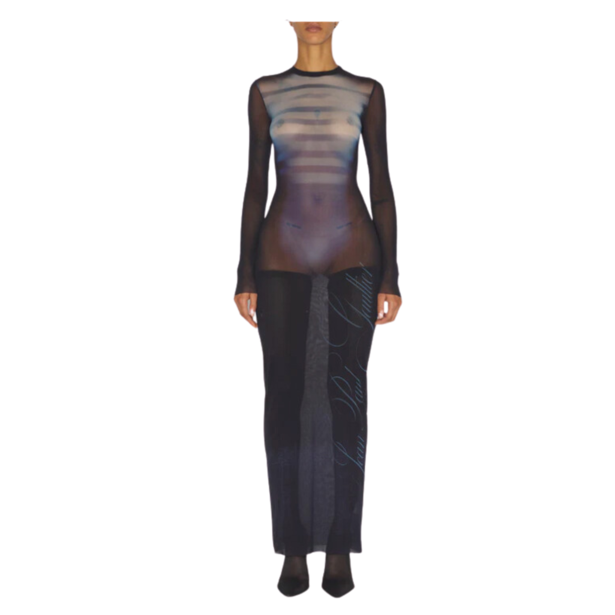 WOMEN - Mesh Crew Neck Long Dress Printed Navy/LightBlue - JPG