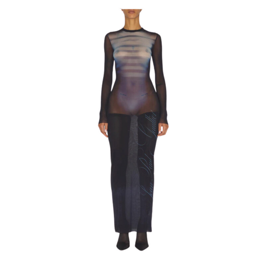 WOMEN - Mesh Crew Neck Long Dress Printed Navy/LightBlue - JPG