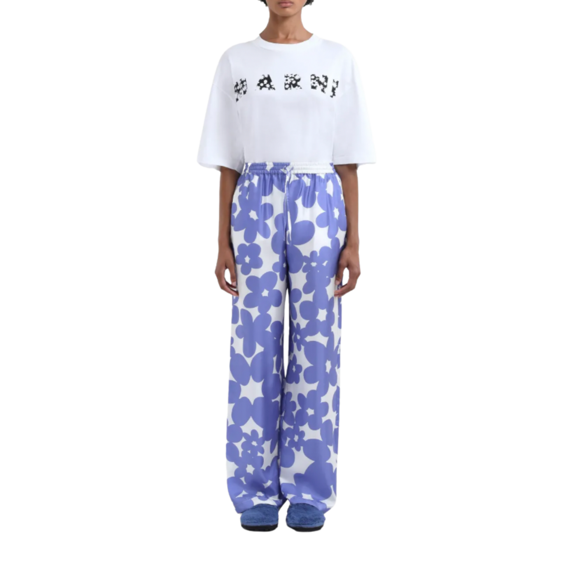 WOMEN - Pantalon de pyjama en soie avec imprimé Dillies blanc/bleu - Marni