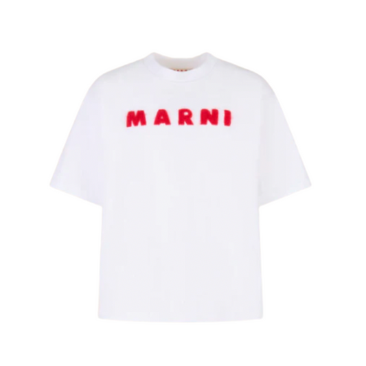 MEN - T-shirt en coton blanc avec écusson en mohair rouge - Marni