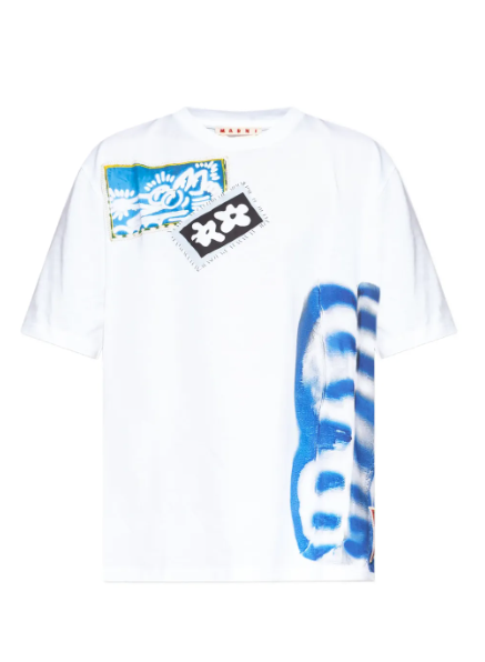 MEN - T-shirt imprimé White/Blue patchwork - Marni