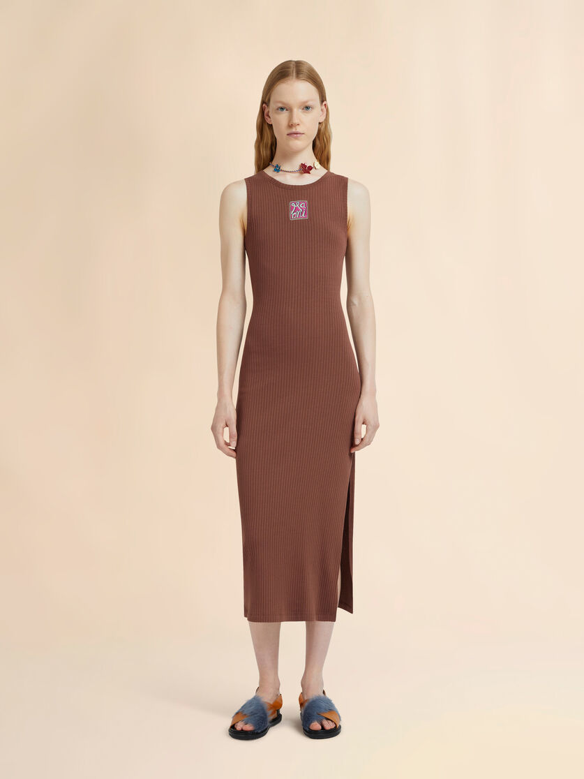 WOMEN - Robe midi en coton marron avec logo Frame - Marni
