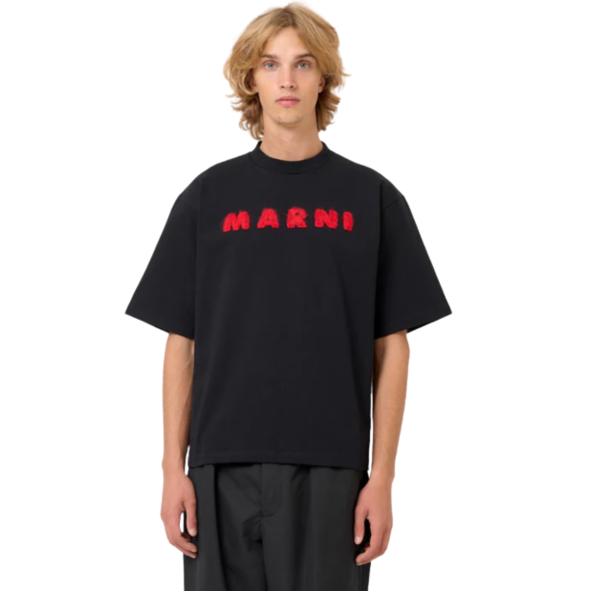 MEN - T-shirt en coton noir avec écusson en mohair rouge - Marni