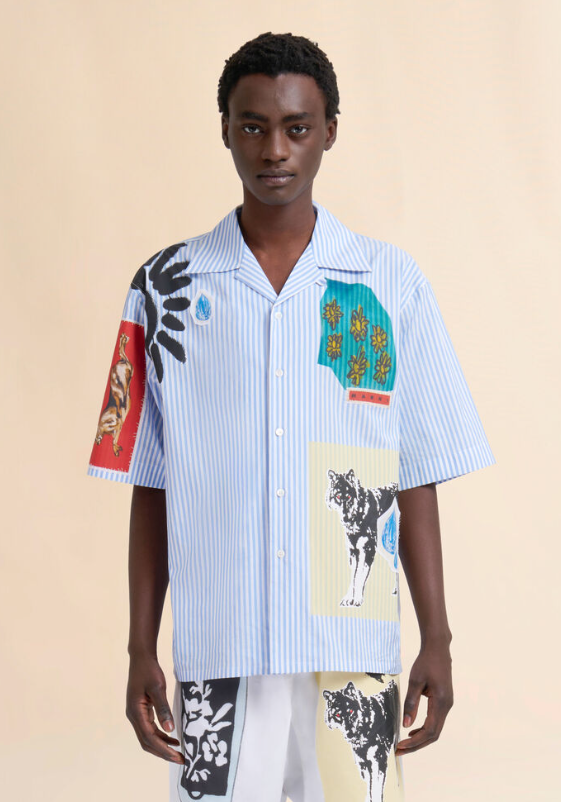 MEN - Chemise bowling en coton rayé bleu clair - Marni