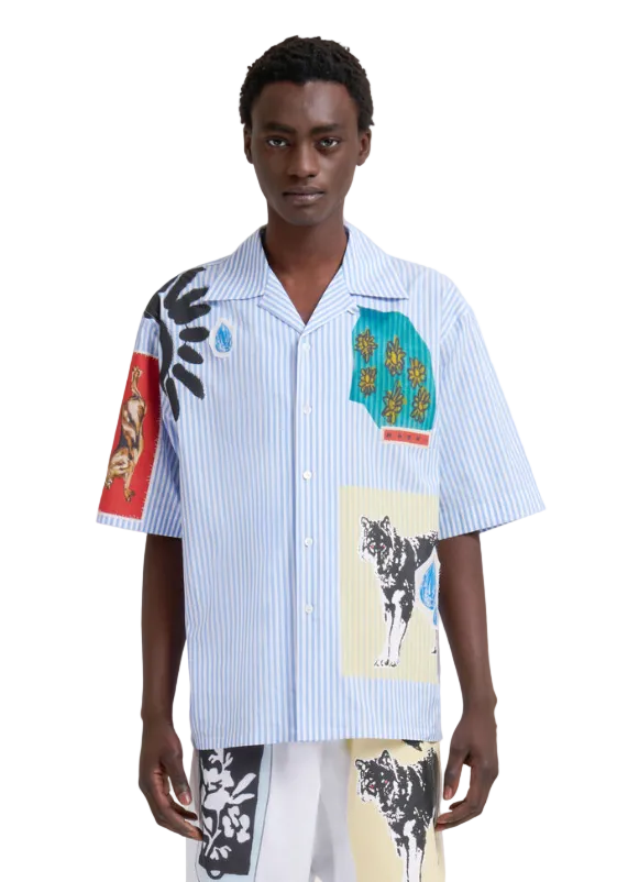 MEN - Chemise bowling en coton rayé bleu clair - Marni