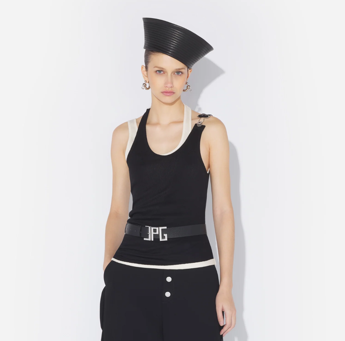 WOMEN - COTTON RIBBED TWISTED DOUBLE LAYER TANK - Black - JPG