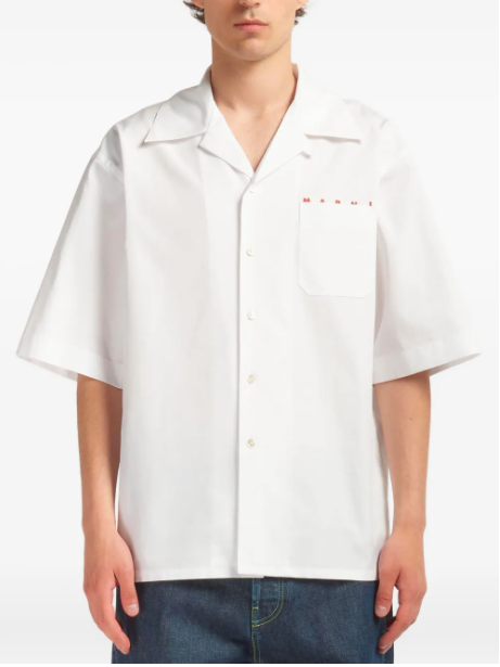 MEN - Chemise bowling en coton blanc avec logo rouge - Marni