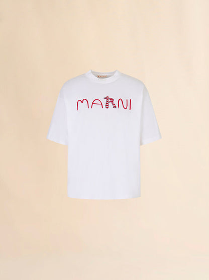 MEN - T-shirt en coton blanc avec logo Animal Alphabet floqué - Marni