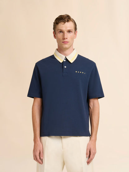 MEN - Polo en piqué bleu foncé à col rayé - Marni
