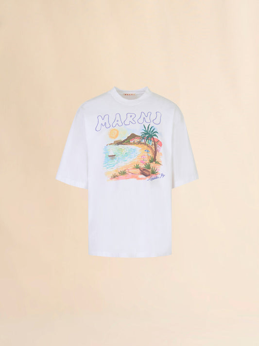 MEN - T-shirt en coton blanc avec imprimé Beach - Marni