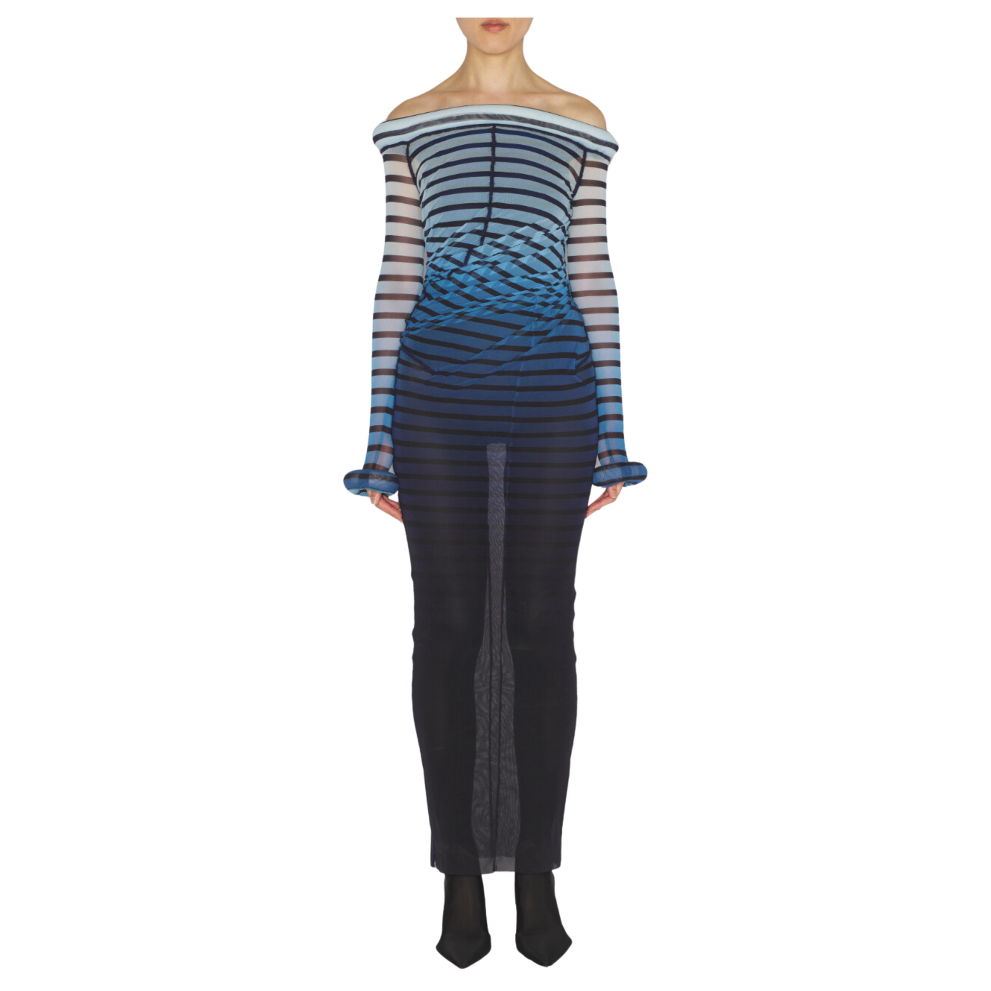 WOMEN - MESH BOAT NECK LONG DRESS WITH 3D COLLAR AND CUFF BLUE - JPG