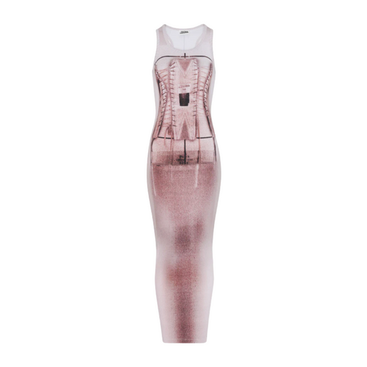 WOMEN - LONG DRESS PRINTED TROMPE L'ŒIL CORSET DustyPink - JPG