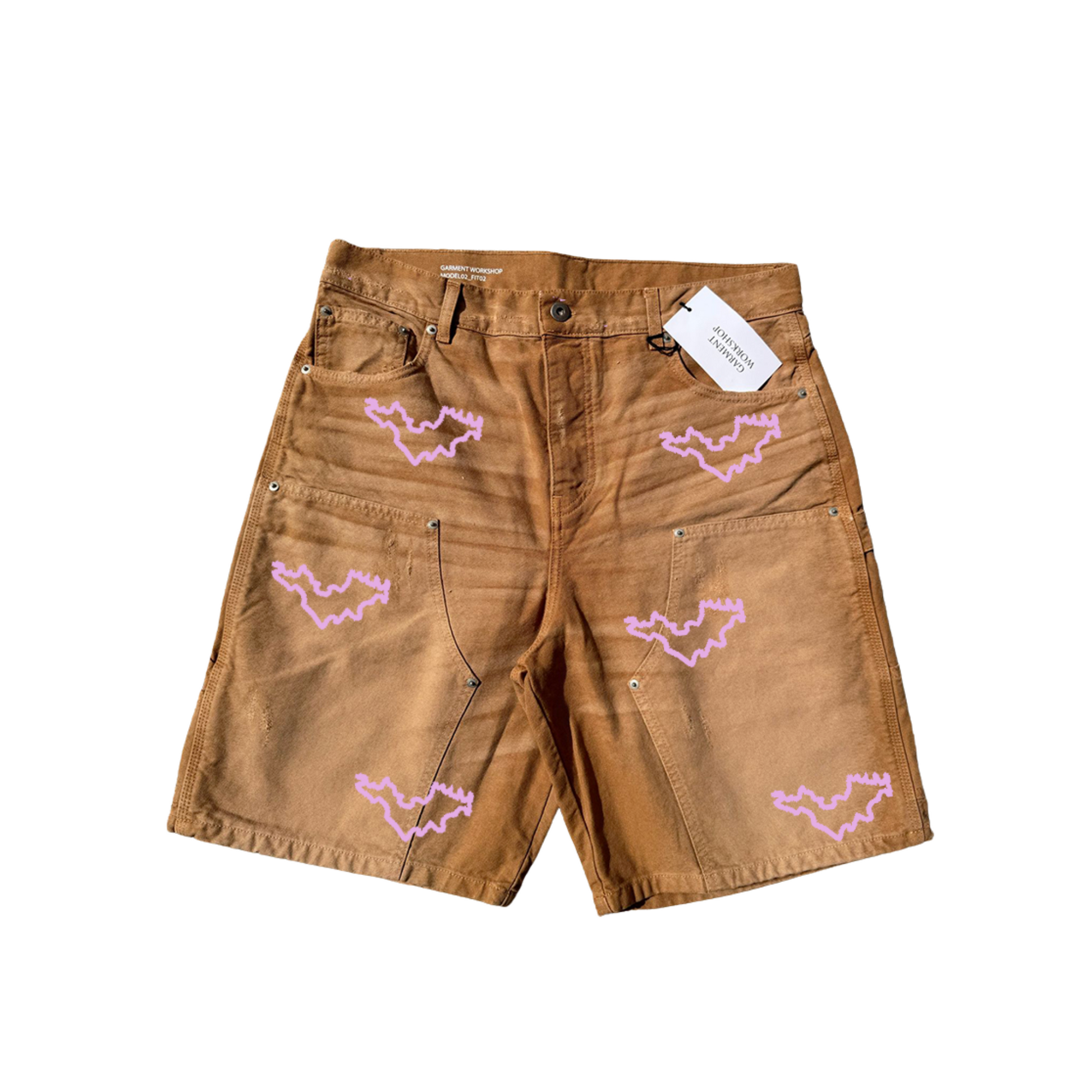 MEN - DENIM SHORT BROWN WITH PINK ISLAND - Garment Workshop