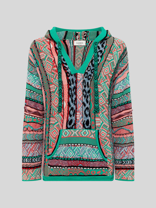 MEN - KNIT HOODIE JACQUARD GREEN MULTI - Laneus