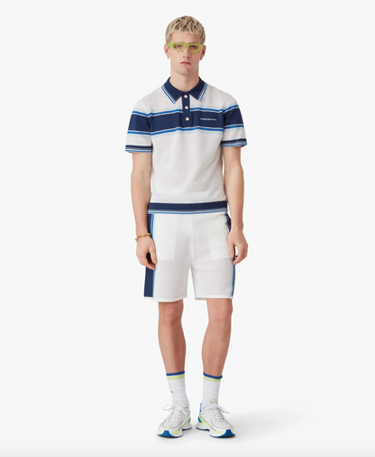 MEN - White & Blue Striped Mesh Short Sleeve Polo Shirt - Casa Blanca