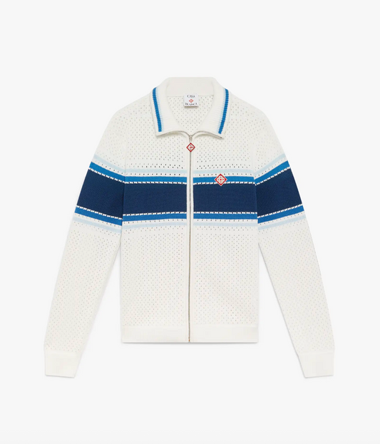 MEN - White & Blue Striped Mesh Track Jacket - Casa Blanca