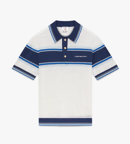 MEN - White & Blue Striped Mesh Short Sleeve Polo Shirt - Casa Blanca