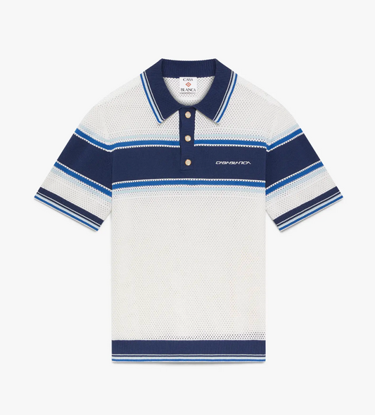 MEN - White & Blue Striped Mesh Short Sleeve Polo Shirt - Casa Blanca