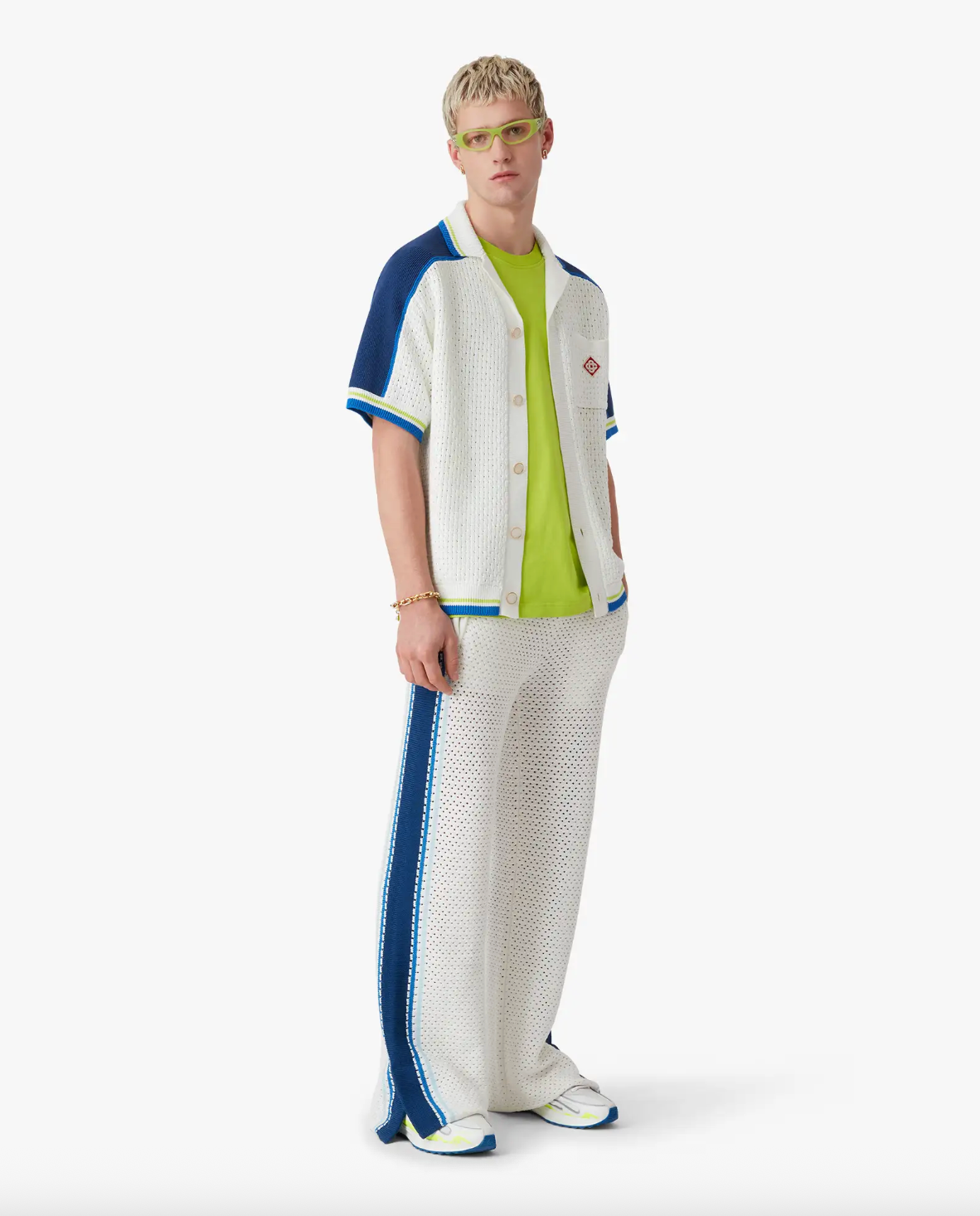 MEN - White & Blue Striped Mesh Track Pants - Casa Blanca