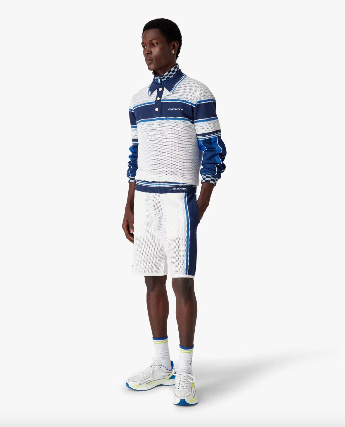 MEN - White & Blue Striped Mesh Track Shorts - Casa Blanca