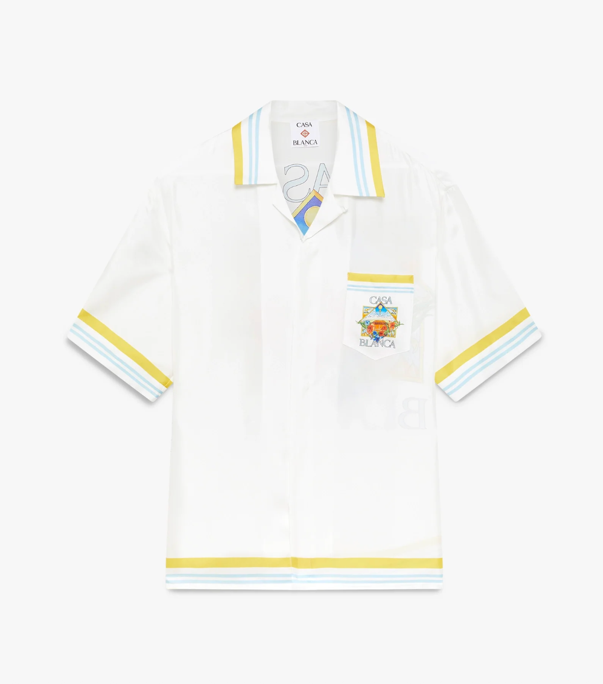 MEN -White/Yellow Tennis Landscape Short Sleeve Silk Shirt - Casa Blanca