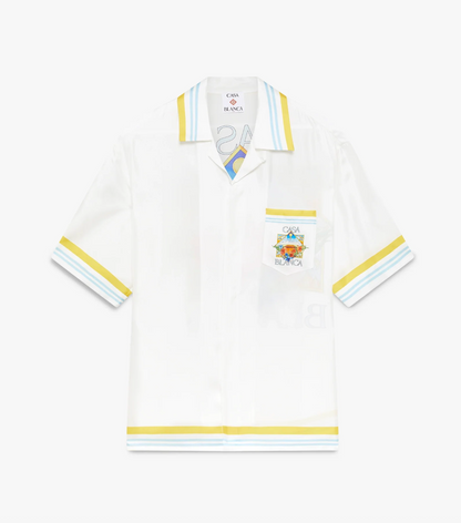 MEN -White/Yellow Tennis Landscape Short Sleeve Silk Shirt - Casa Blanca