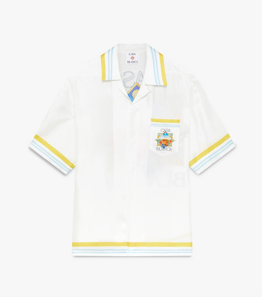MEN -White/Yellow Tennis Landscape Short Sleeve Silk Shirt - Casa Blanca