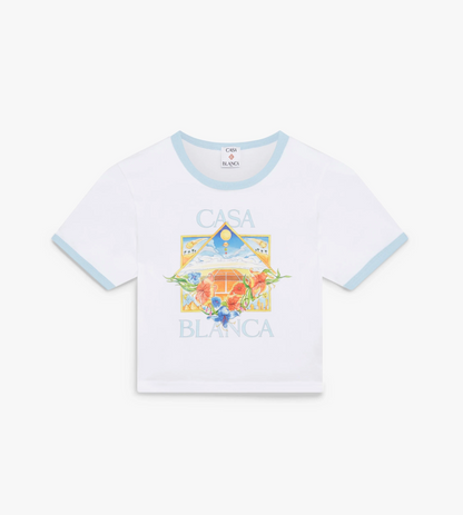 WOMEN - Tennis Landscape Ringer Baby Short Sleeve T‑Shirt - Casa Blanca