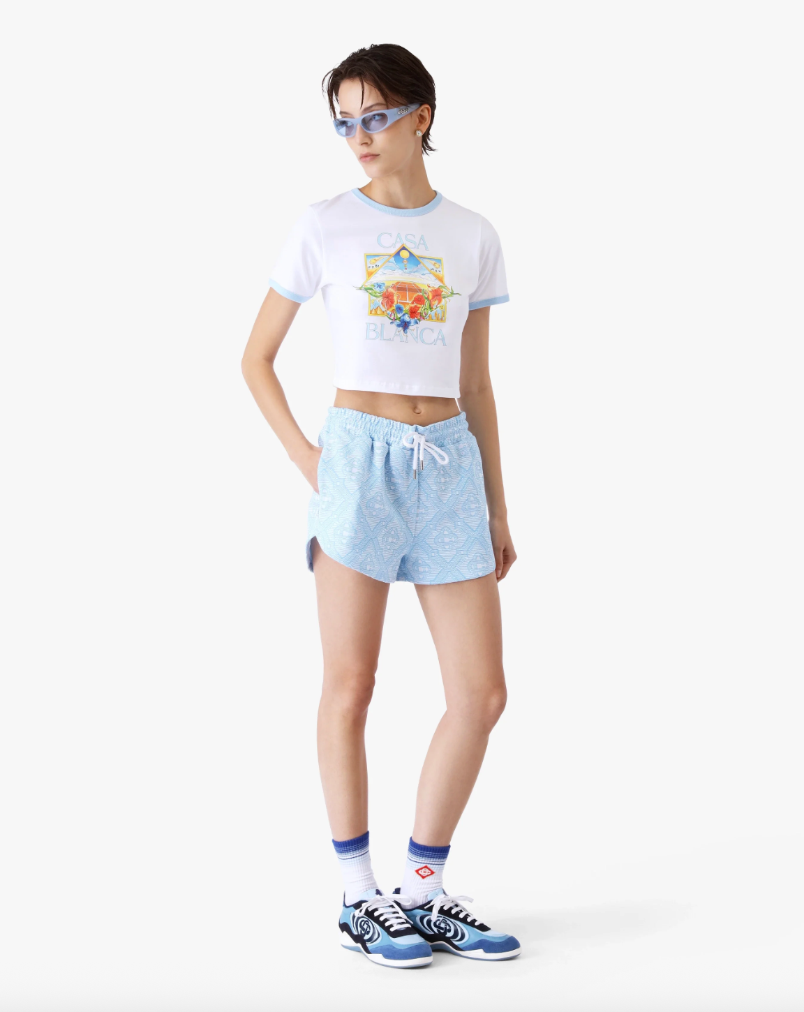 WOMEN - Tennis Landscape Ringer Baby Short Sleeve T‑Shirt - Casa Blanca