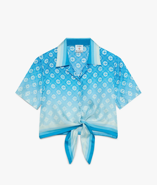 WOMEN - Blue Gradient Monogram Knotted Cropped Silk Shirt - Casa Blanca