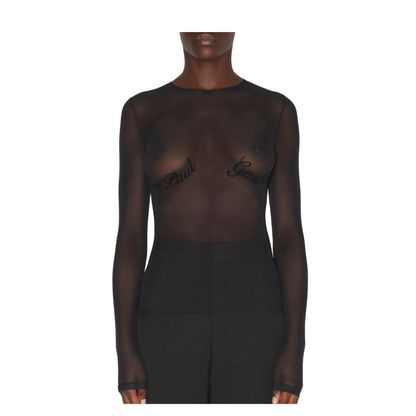 WOMEN -MESH LONG SLEEVES TOP VELVET FLOCK "JPG" BLACK - JPG
