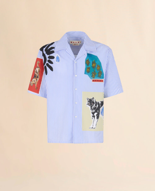 MEN - Chemise bowling en coton rayé bleu clair - Marni