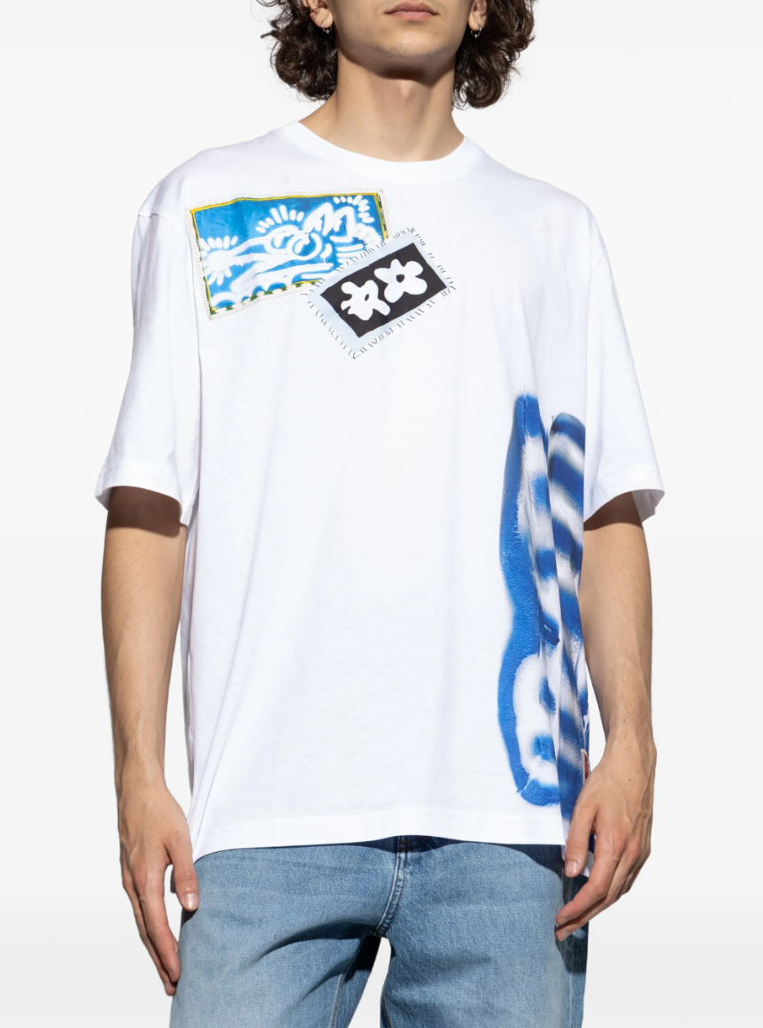 MEN - T-shirt imprimé White/Blue patchwork - Marni
