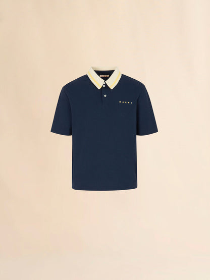 MEN - Polo en piqué bleu foncé à col rayé - Marni