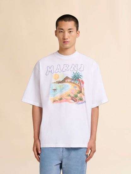 MEN - T-shirt en coton blanc avec imprimé Beach - Marni