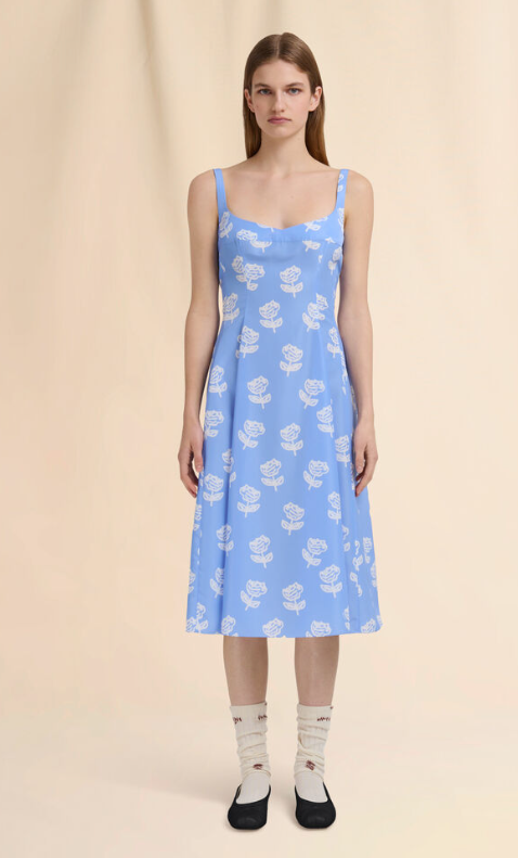 WOMEN - Robe évasée en popeline bleu clair avec imprimé Roses - Marni