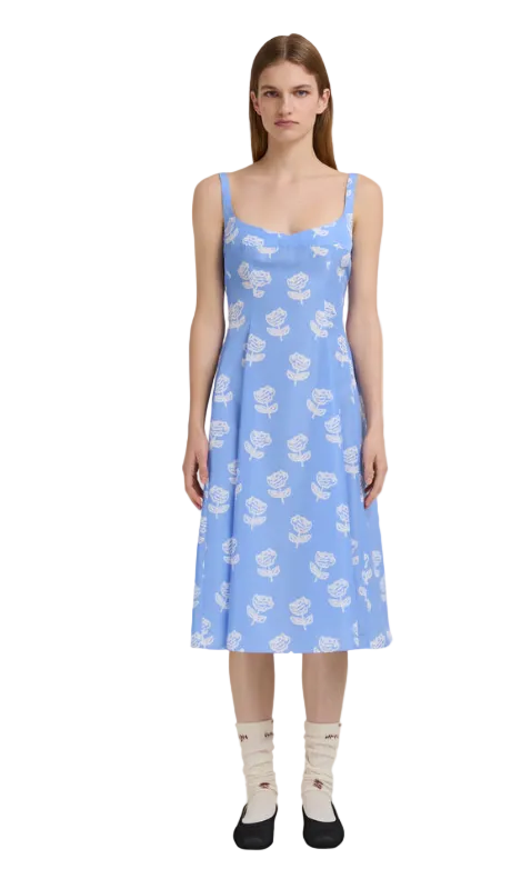 WOMEN - Robe évasée en popeline bleu clair avec imprimé Roses - Marni