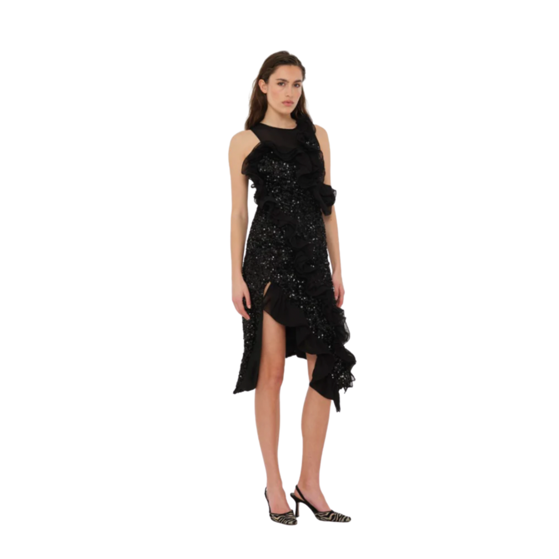 WOMEN - SEQUIN MAXI RUFFLE DRESS Black - Rotate